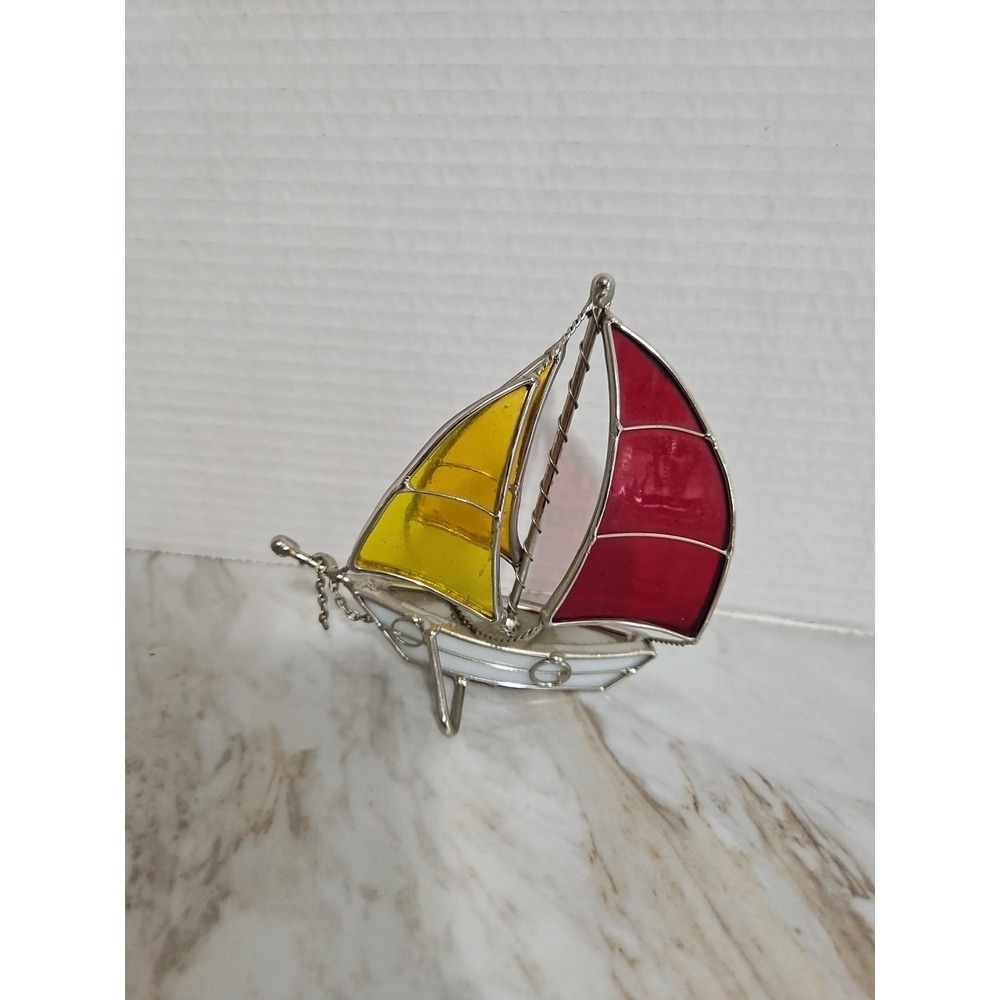 Stained Glass Sailboat Red Blue 5" Sun Catcher Standing 3D Boat Sculpture